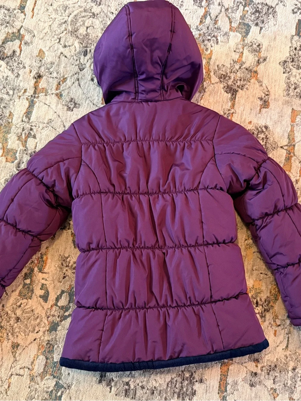 Kids Purple Puffer Jacket with Hood and Navy Fleece Lining